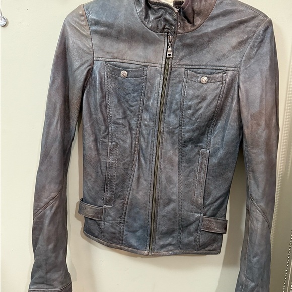 Gray genuine Leather Motorcycle Jacket with Distressed Finish - Picture 2 of 6